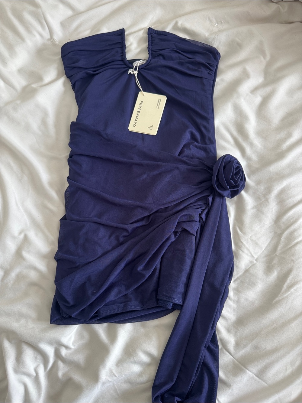 Peppermayo Strapless Navy Ruched Dress with Rosette Accent